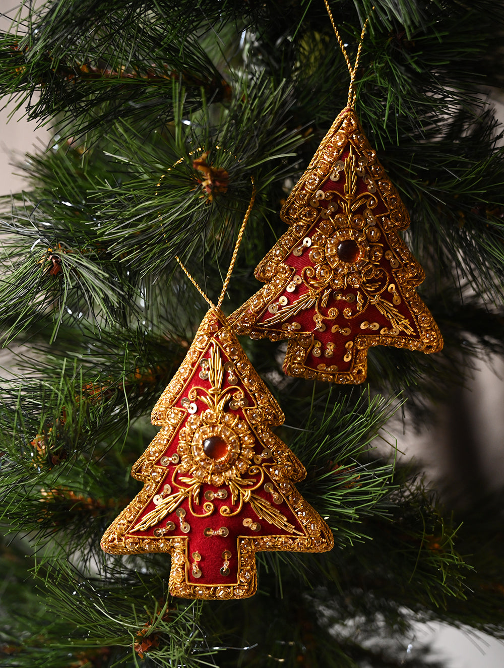 Load image into Gallery viewer, Hand Embroidered Zardozi Xmas Decorations - Red &amp; Gold Xmas Trees (Set of 2)