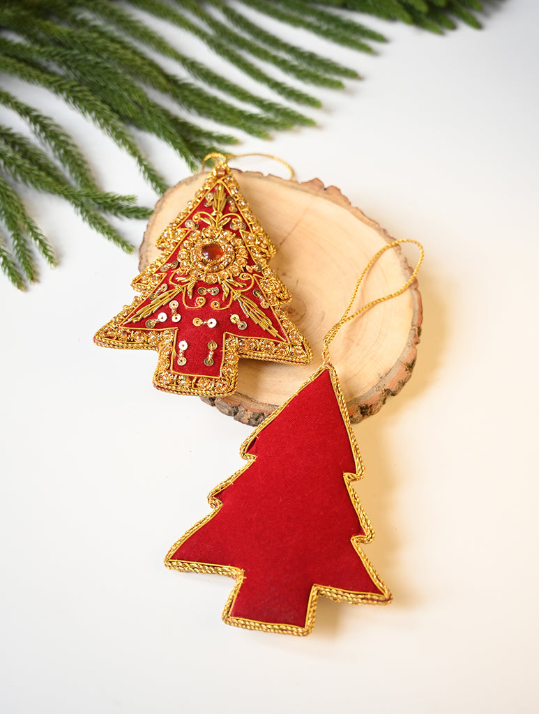 Hand Embroidered Zardozi Xmas Decorations - Red & Gold Xmas Trees (Set of 2)