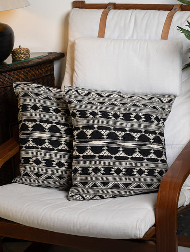 Hand Woven Kashida Pattu Cushion Covers - Black Aztec (Set of 2)