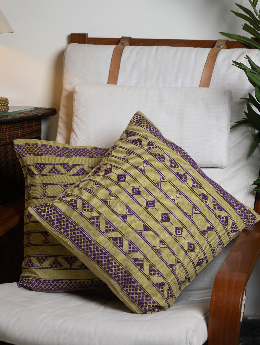 Hand Woven Kashida Pattu Cushion Covers - Purple Lime (Set of 2)