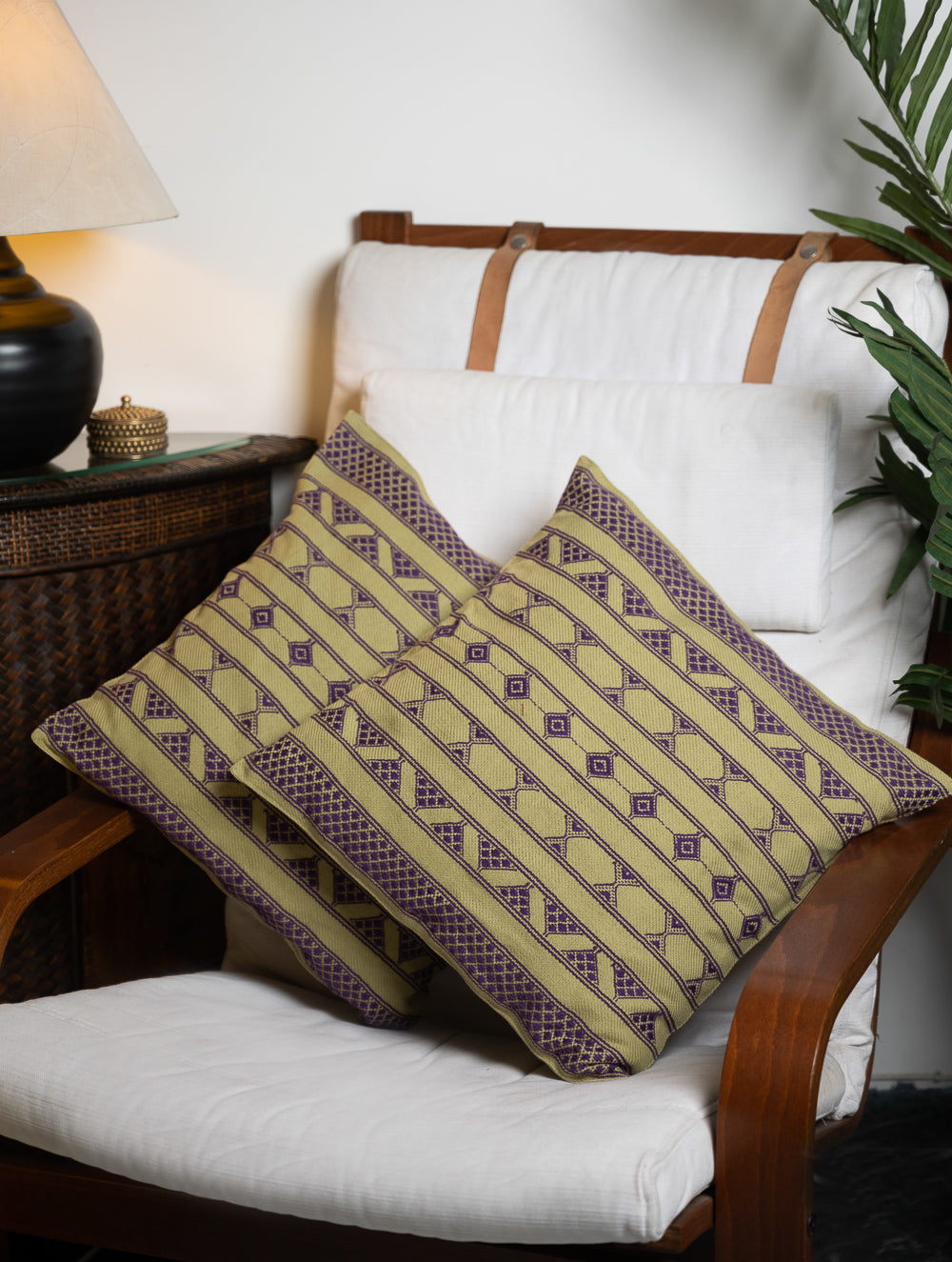 Hand Woven Kashida Pattu Cushion Covers - Purple Lime (Set of 2)