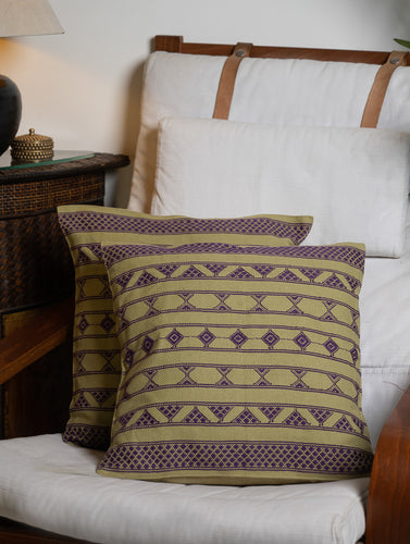 Hand Woven Kashida Pattu Cushion Covers - Purple Lime (Set of 2)