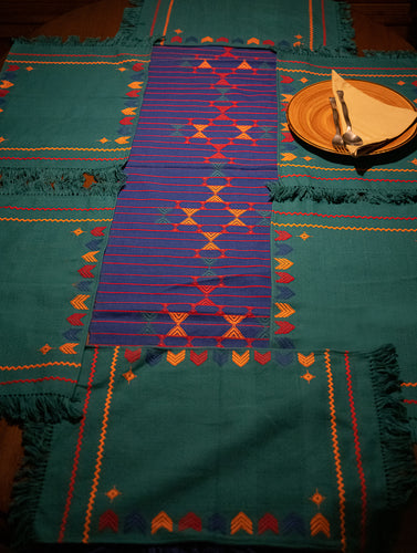 Hand Woven Kashida Pattu Dual Table Runner & Mats Set - Blue Aztec