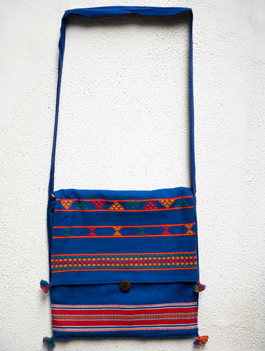 Hand Woven Kashida Pattu Flap Sling Bag, Blue