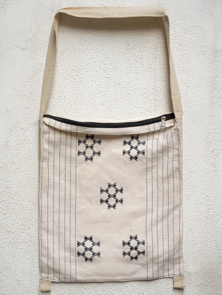 Hand Woven Kashida Pattu Large Sling Bag - White & Black
