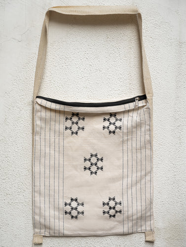 Hand Woven Kashida Pattu Large Sling Bag - White & Black