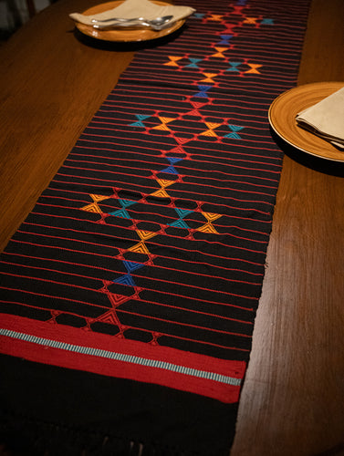 Hand Woven Kashida Pattu Table Runner - Aztec Black