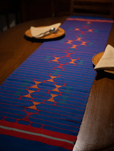 Hand Woven Kashida Pattu Table Runner - Blue Aztec