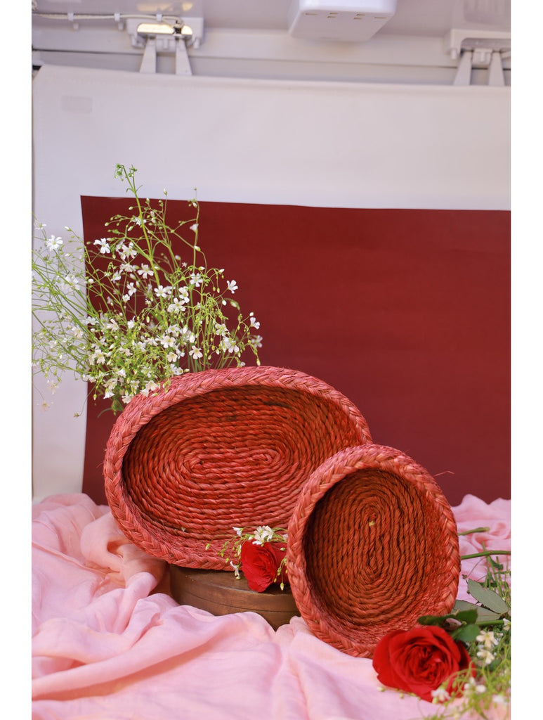Handcrafted Sabai Grass Utility Baskets (Oval, Red - Set of 2)