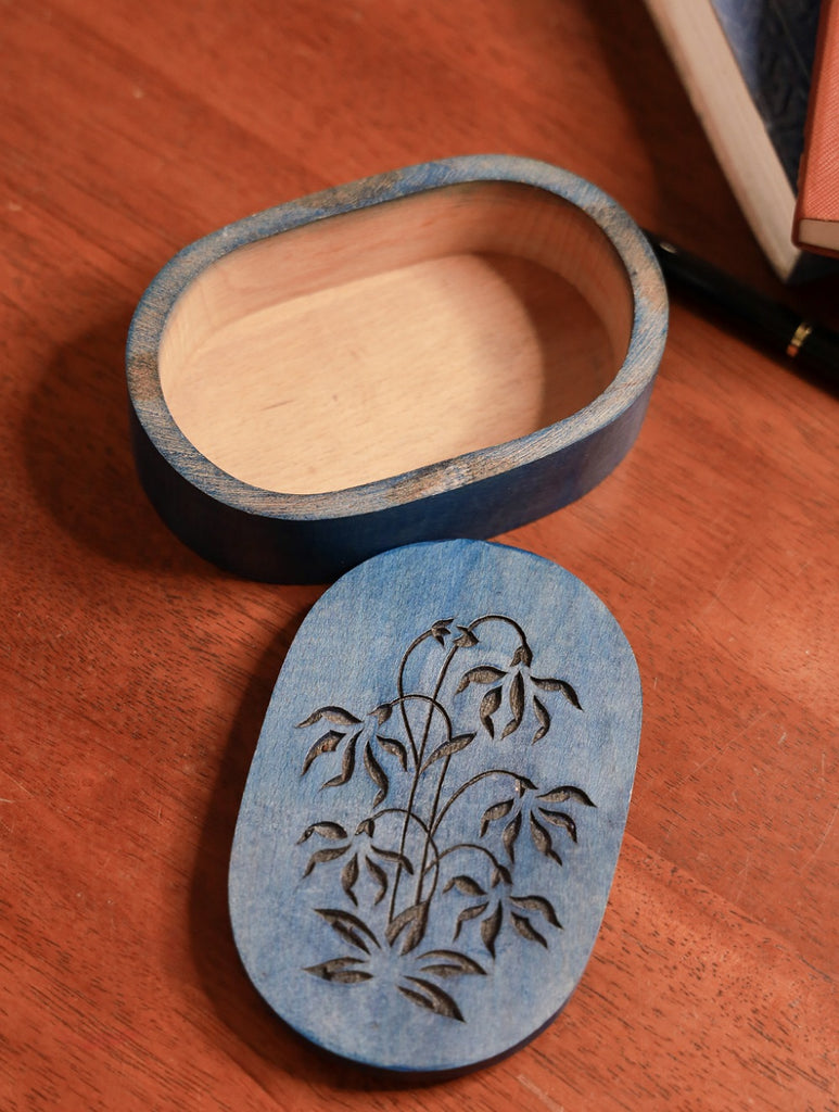Handcrafted Wooden Engraved Decorative Box - Blue Floral