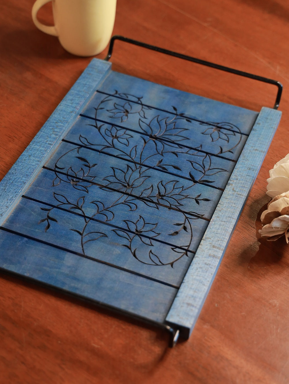 Handcrafted Wooden Engraved Tray - Blue Flora