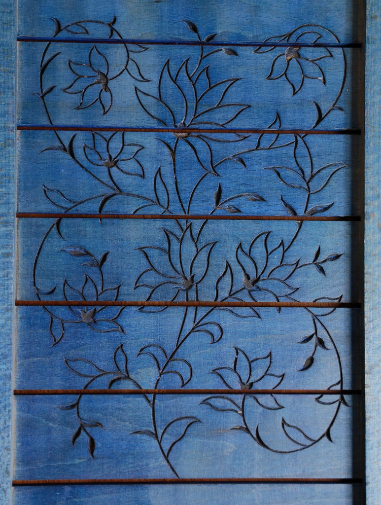 Handcrafted Wooden Engraved Tray - Blue Flora