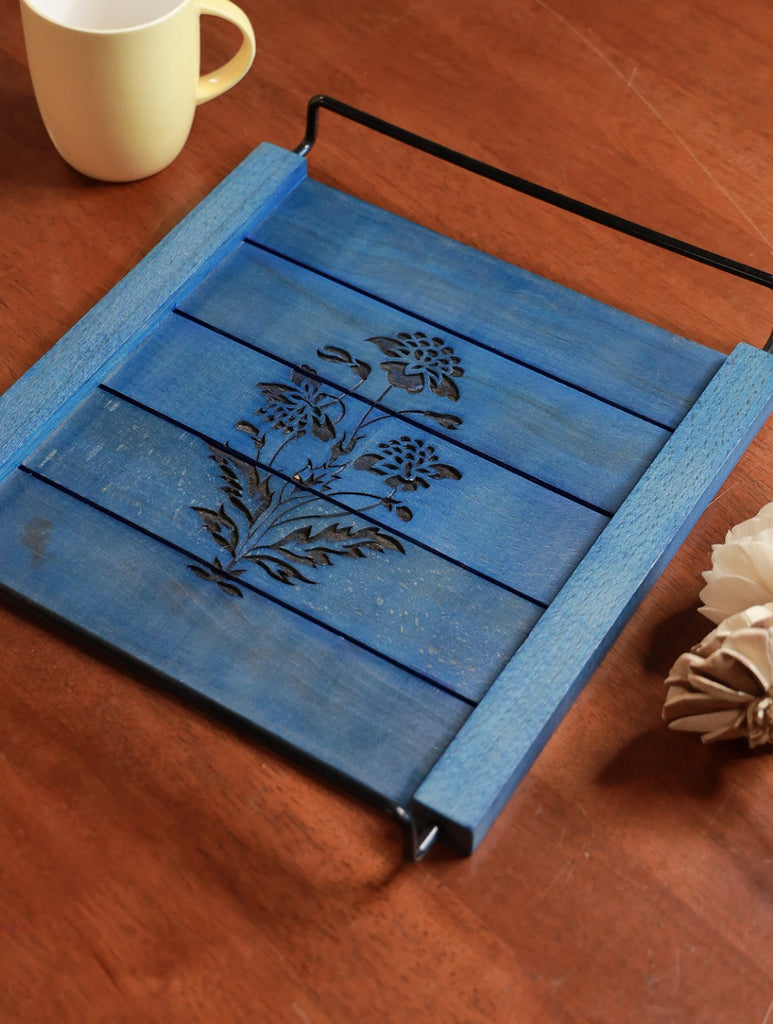 Handcrafted Wooden Engraved Tray - Blue Floral