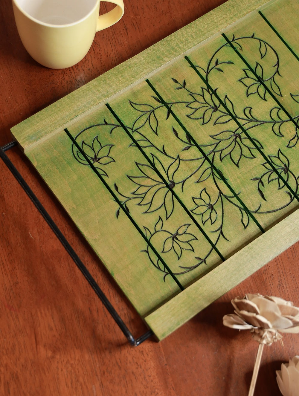 Handcrafted Wooden Engraved Tray - Green Floral
