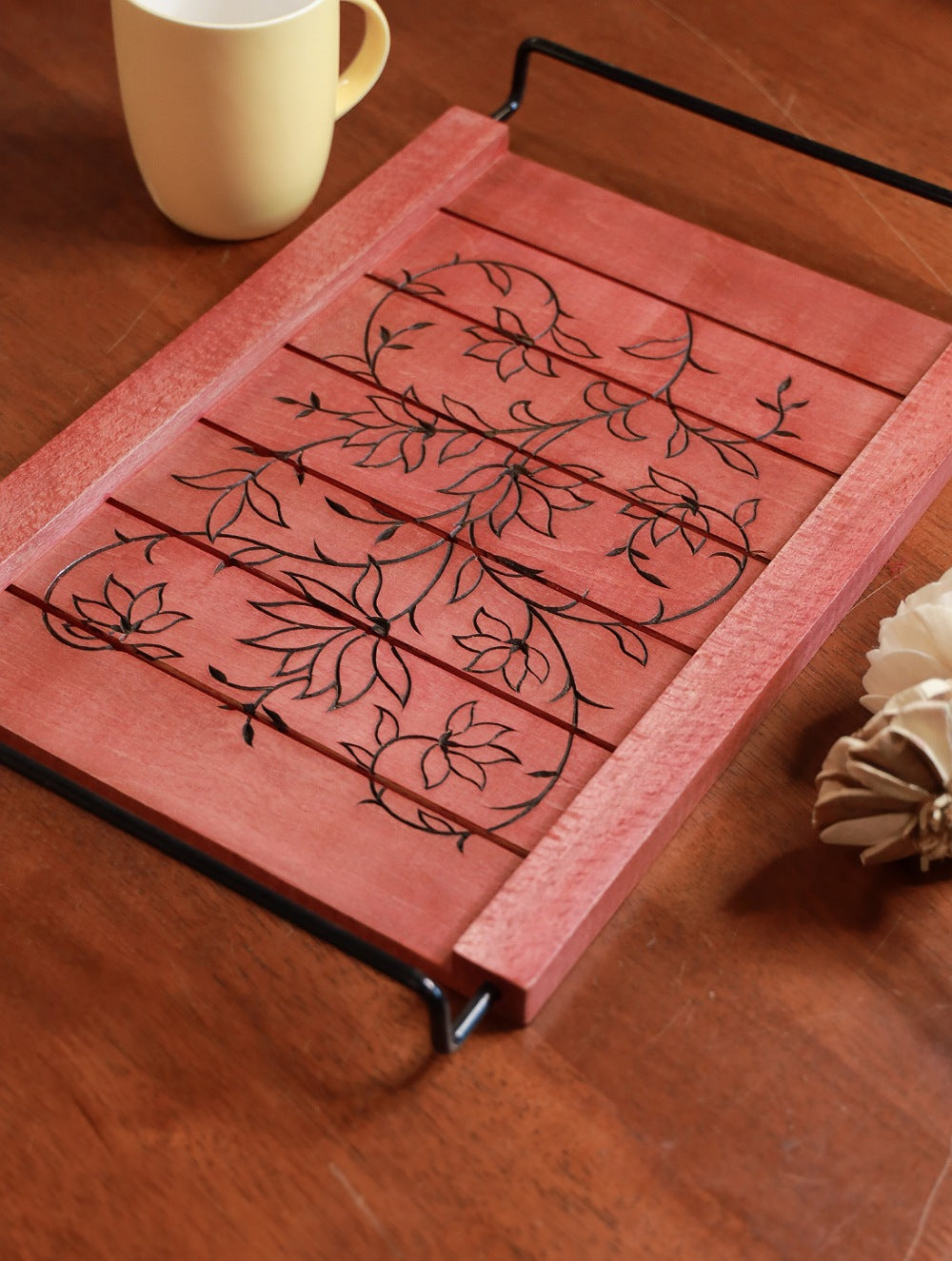 Handcrafted Wooden Engraved Tray - Red Floral