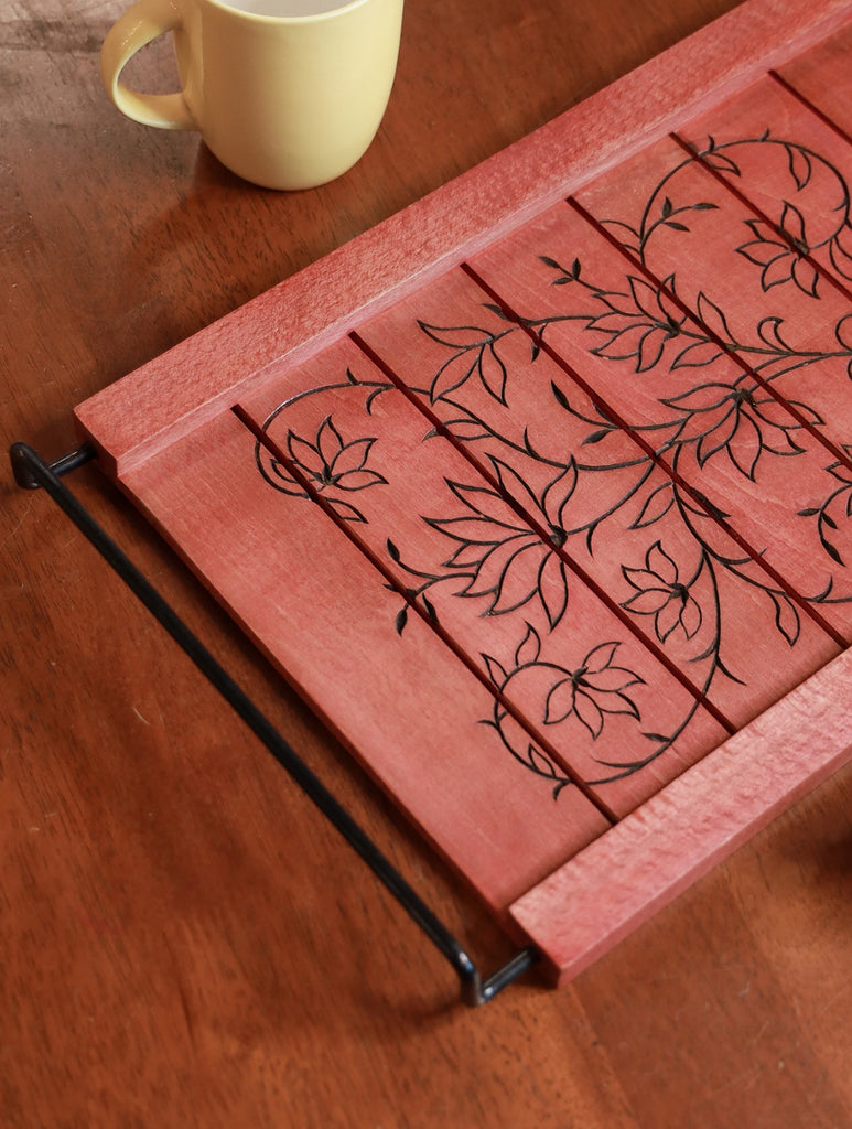 Handcrafted Wooden Engraved Tray - Red Floral