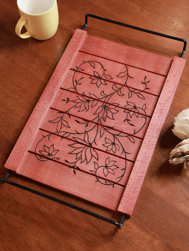 Handcrafted Wooden Engraved Tray - Red Floral