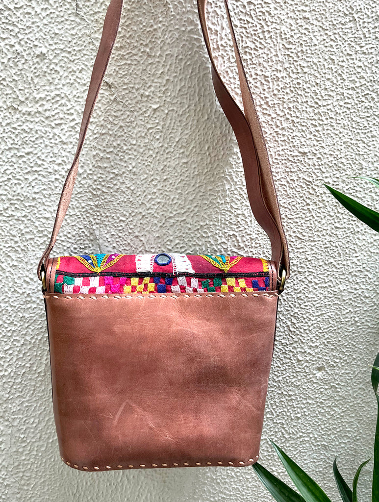 Handcrafted Jawaja Leather Bag with Embroidered Detail