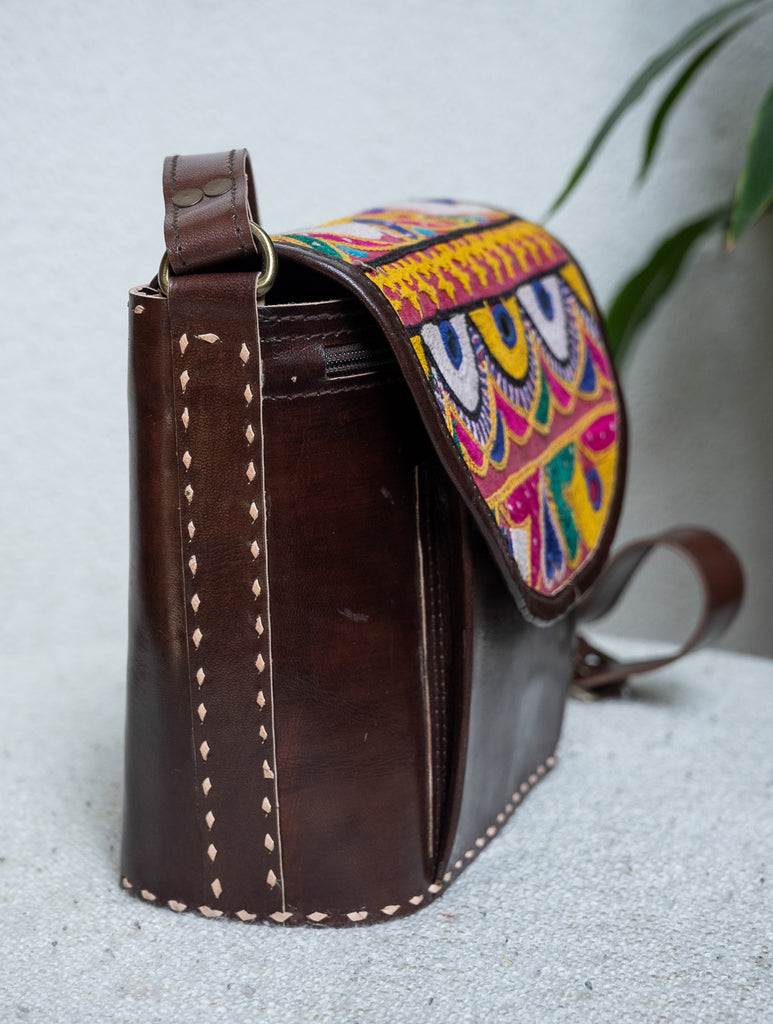 Handcrafted Jawaja Leather Sling Bag with Embroidered Detail