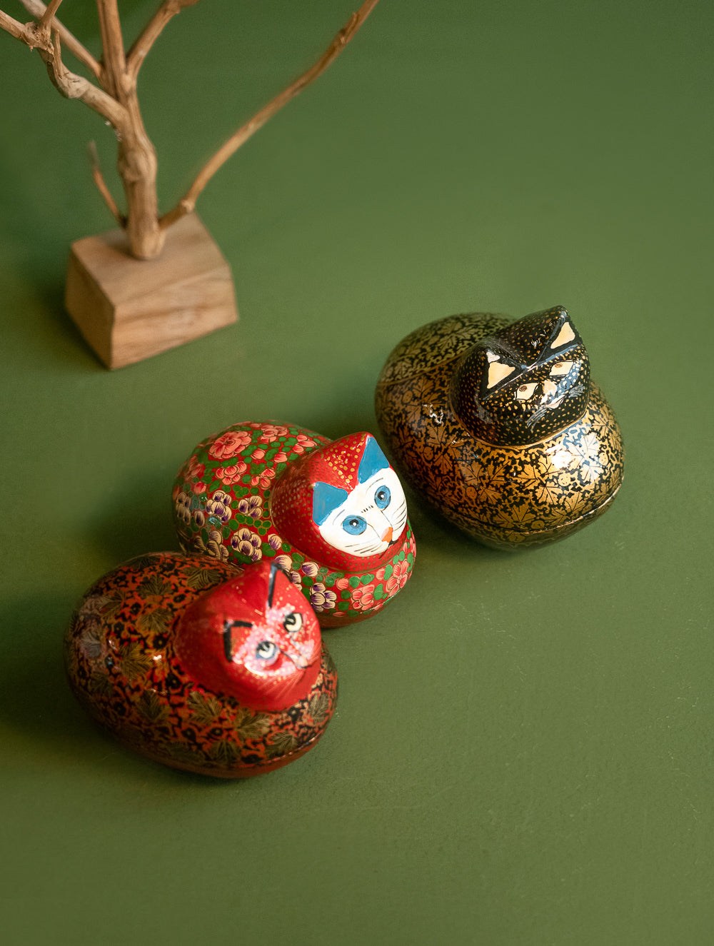 Handcrafted Kashmiri Art Decorative Utility Boxes - Floral Felines (Set of 3)