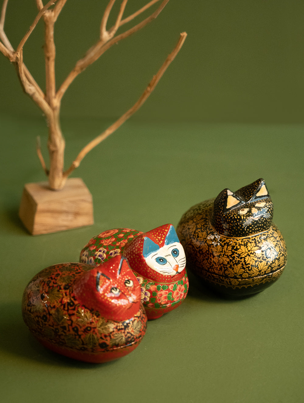 Handcrafted Kashmiri Art Decorative Utility Boxes - Floral Felines (Set of 3)
