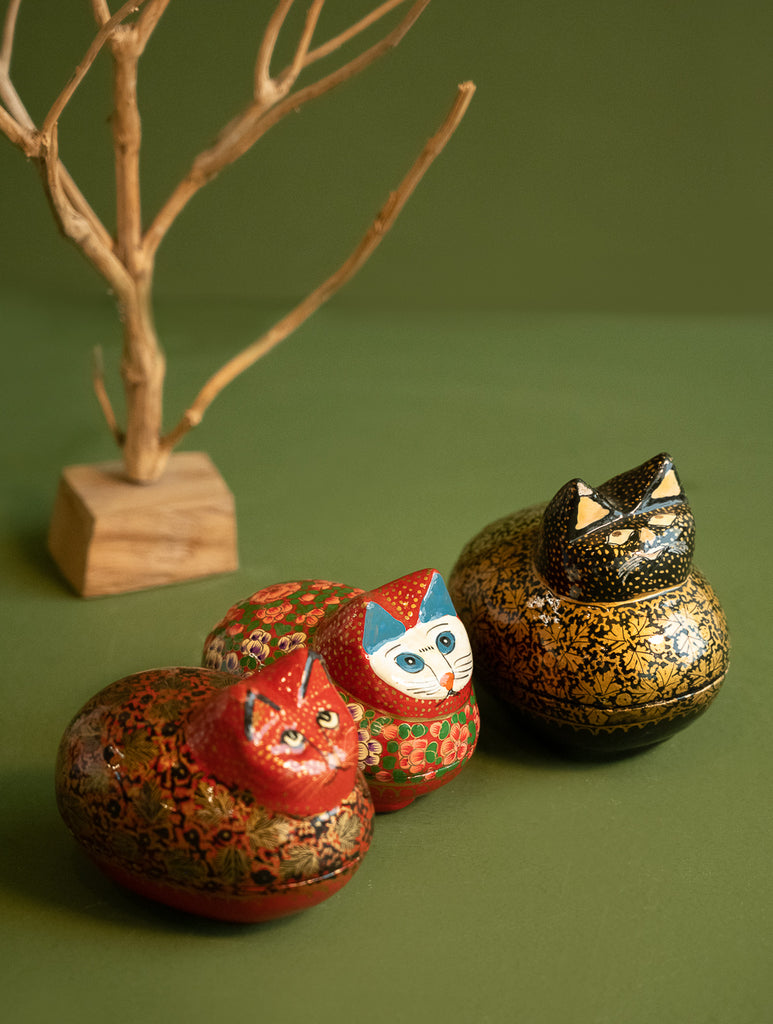 Handcrafted Kashmiri Art Decorative Utility Boxes - Floral Felines (Set of 3)