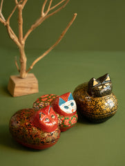 Handcrafted Kashmiri Art Decorative Utility Boxes - Floral Felines (Set of 3)