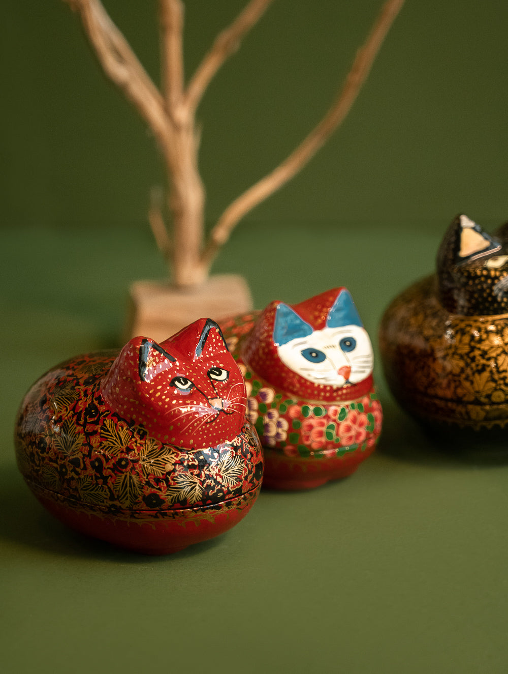 Handcrafted Kashmiri Art Decorative Utility Boxes - Floral Felines (Set of 3)