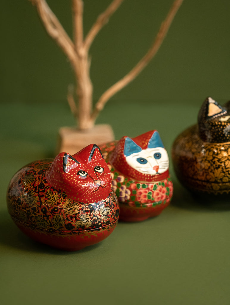 Handcrafted Kashmiri Art Decorative Utility Boxes - Floral Felines (Set of 3)