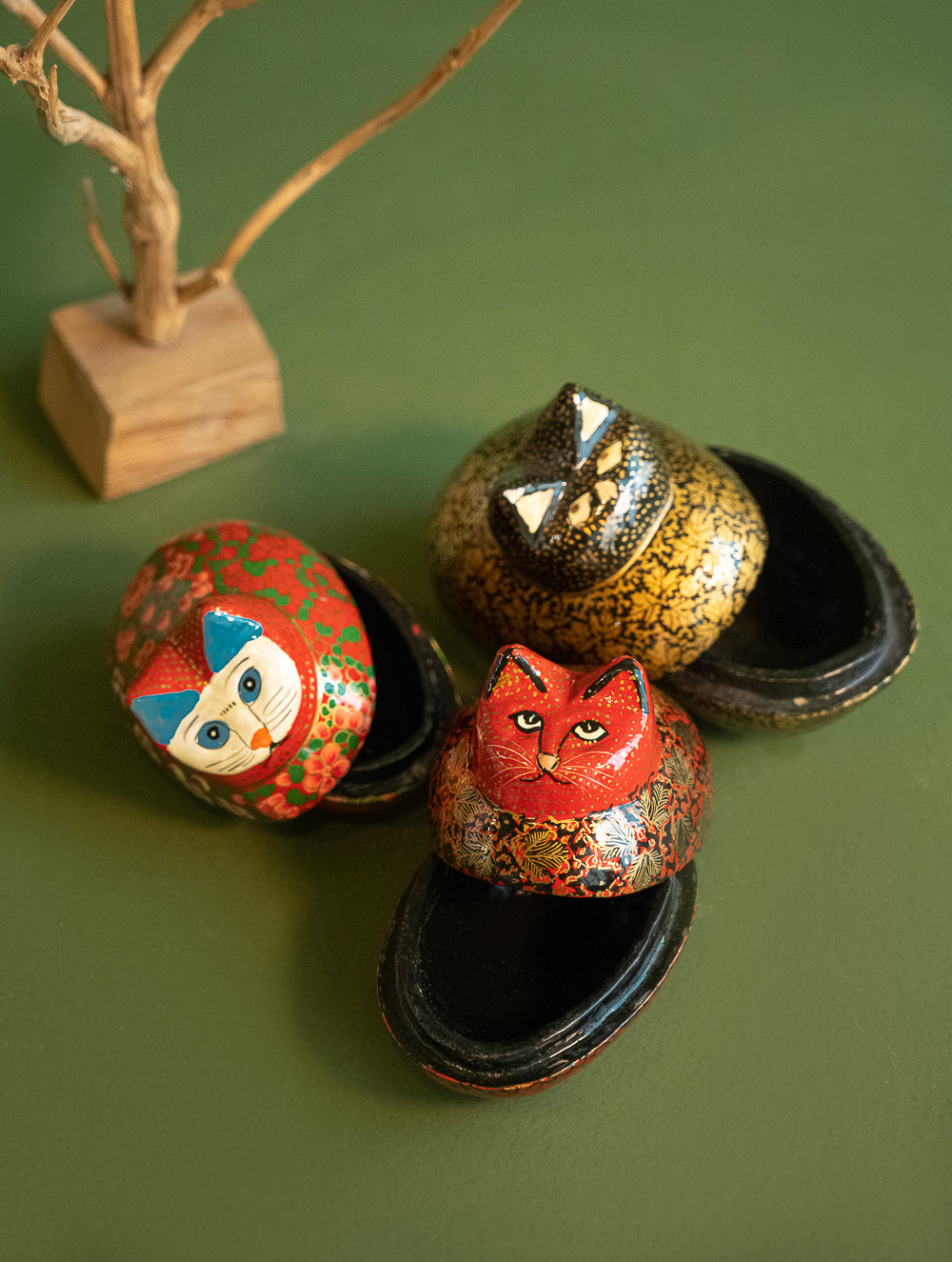 Handcrafted Kashmiri Art Decorative Utility Boxes - Floral Felines (Set of 3)