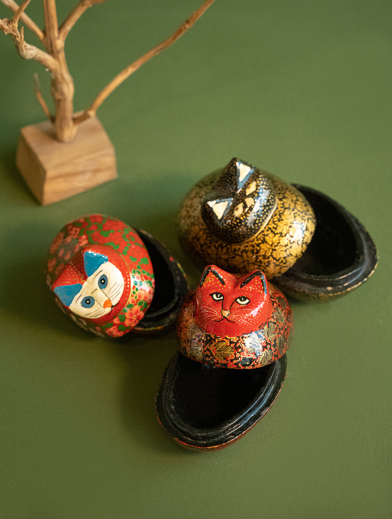 Handcrafted Kashmiri Art Decorative Utility Boxes - Floral Felines (Set of 3)