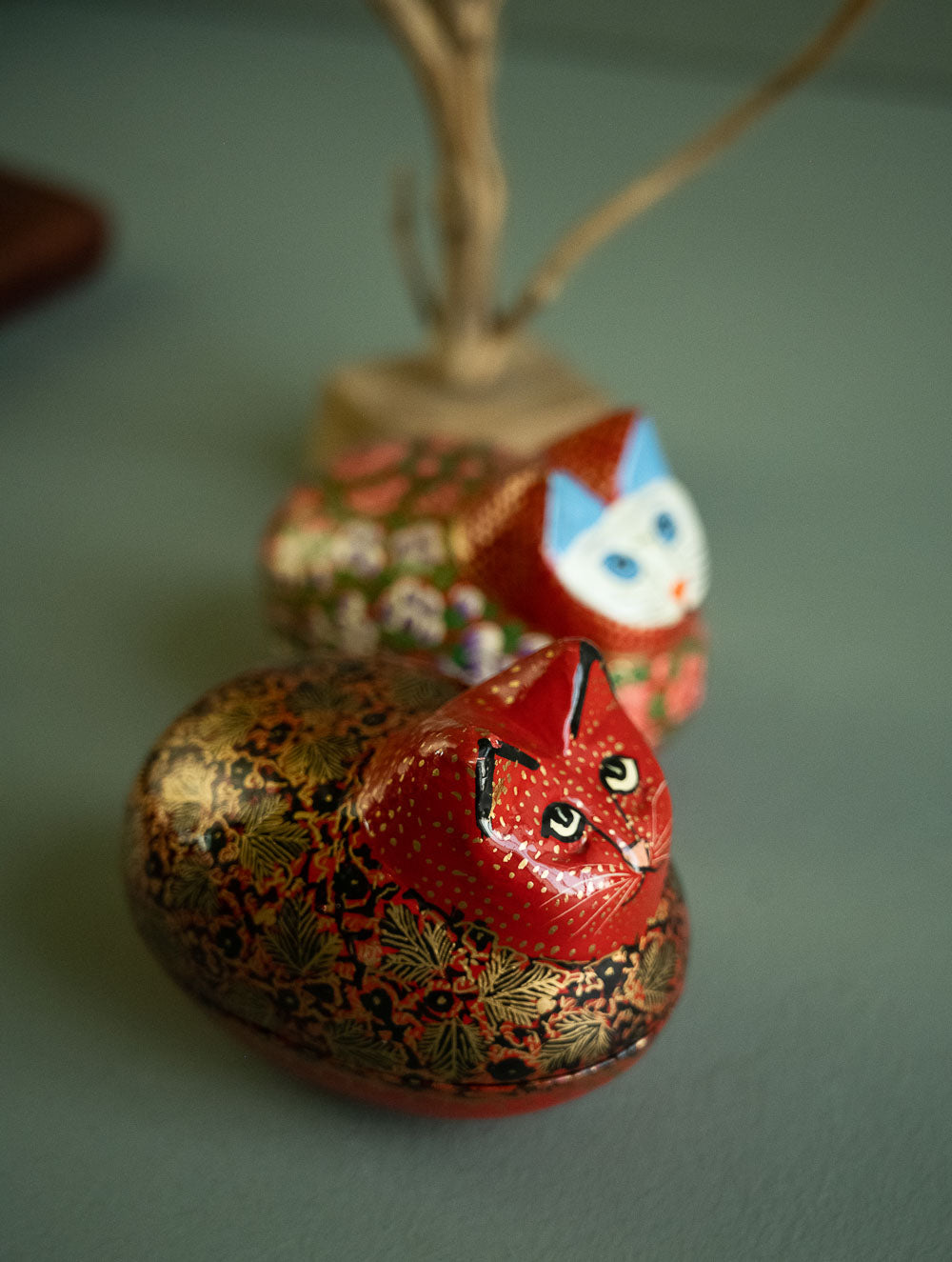 Load image into Gallery viewer, Handcrafted Kashmiri Art Decorative Utility Boxes - Scarlet Felines (Set of 2)