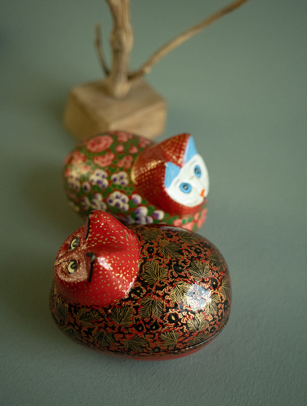 Load image into Gallery viewer, Handcrafted Kashmiri Art Decorative Utility Boxes - Scarlet Felines (Set of 2)