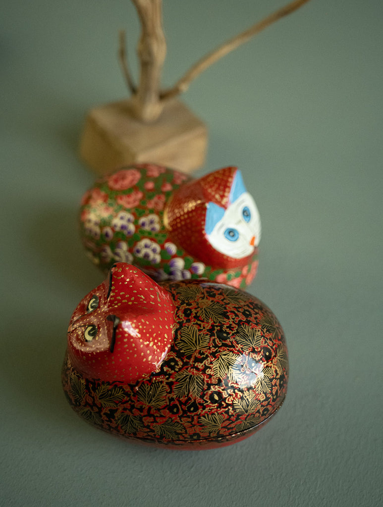Handcrafted Kashmiri Art Decorative Utility Boxes - Scarlet Felines (Set of 2)