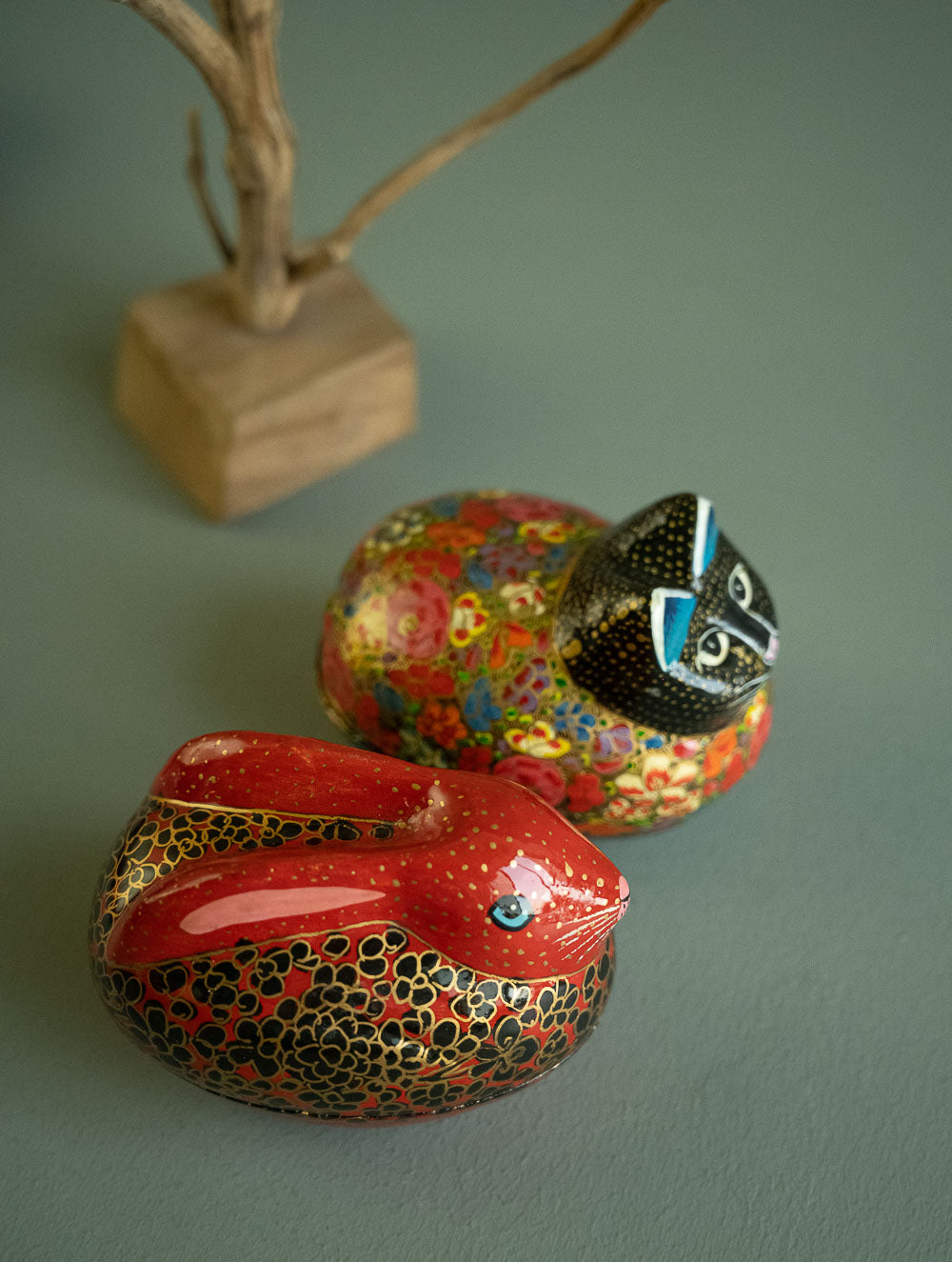 Load image into Gallery viewer, Handcrafted Kashmiri Art Decorative Utility Boxes - Scarlet Felines (Set of 2)