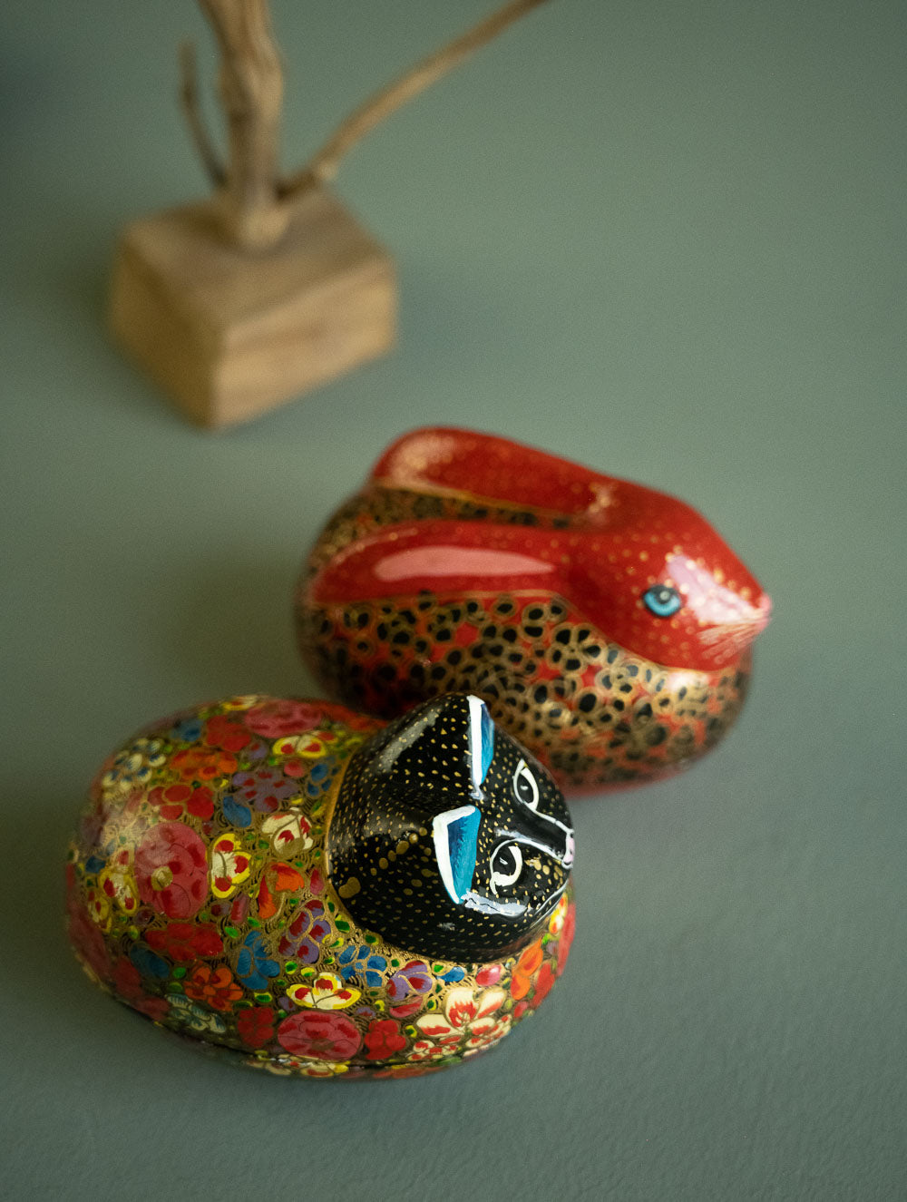 Load image into Gallery viewer, Handcrafted Kashmiri Art Decorative Utility Boxes - Scarlet Felines (Set of 2)