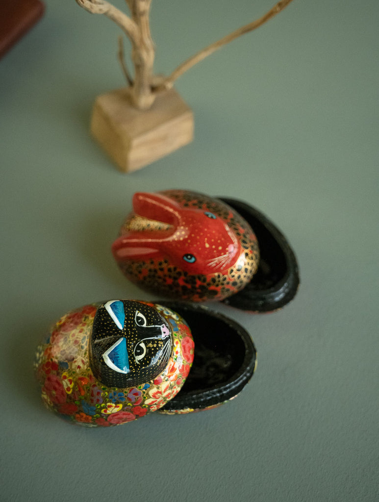 Handcrafted Kashmiri Art Decorative Utility Boxes - Scarlet Felines (Set of 2)