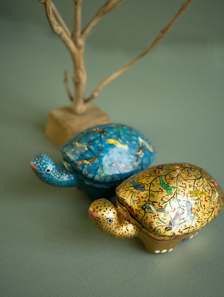 Handcrafted Kashmiri Art Tortoise Decorative Utility Boxes - Birds Assemblage (Set of Two)