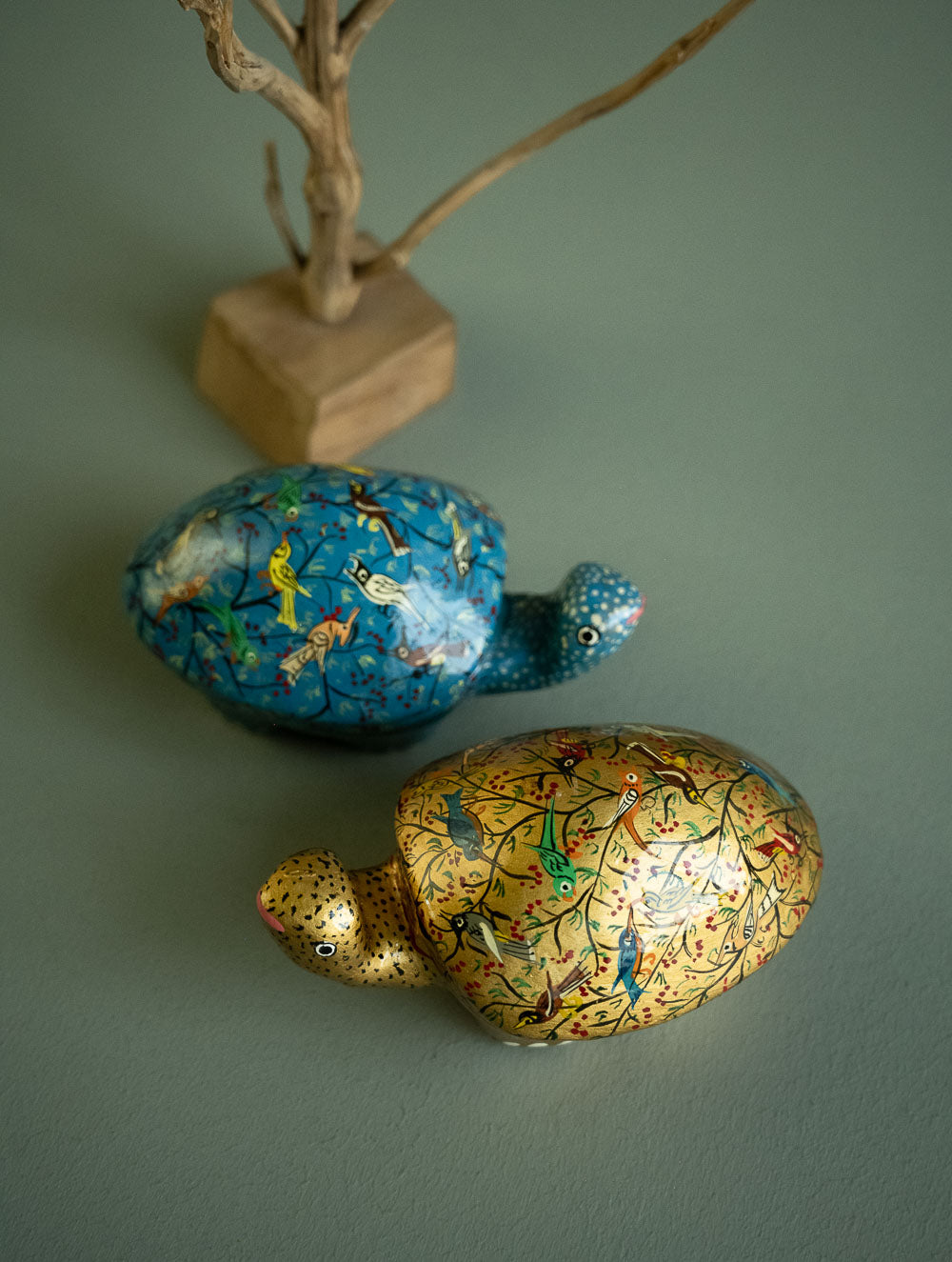 Load image into Gallery viewer, Handcrafted Kashmiri Art Tortoise Decorative Utility Boxes - Birds Assemblage (Set of Two)