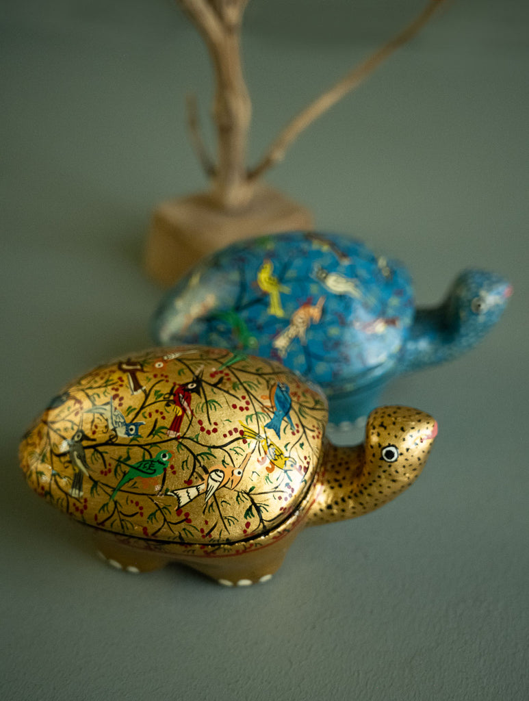 Handcrafted Kashmiri Art Tortoise Decorative Utility Boxes - Birds Assemblage (Set of Two)