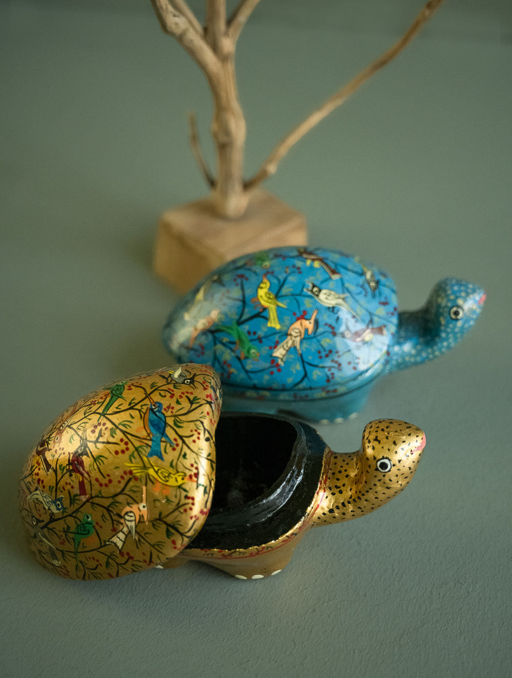 Load image into Gallery viewer, Handcrafted Kashmiri Art Tortoise Decorative Utility Boxes - Birds Assemblage (Set of Two)