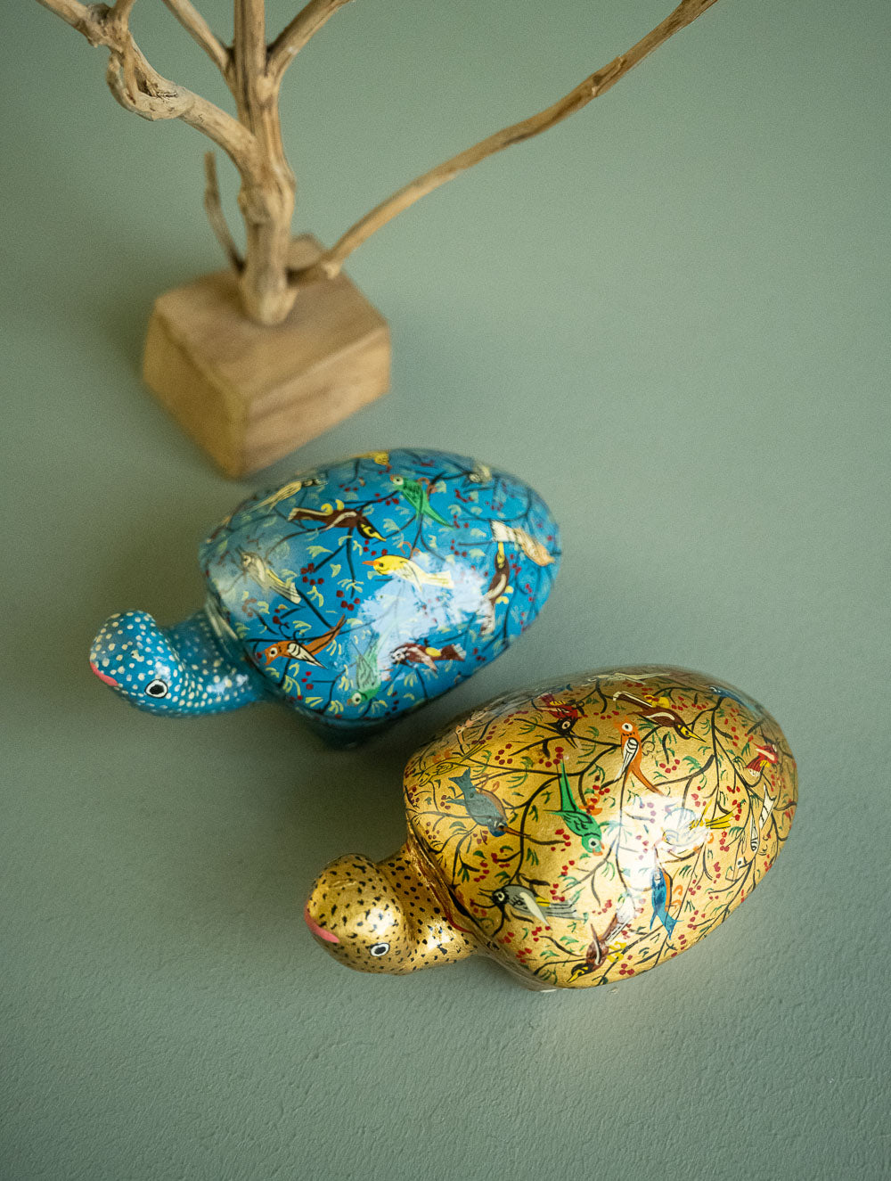 Load image into Gallery viewer, Handcrafted Kashmiri Art Tortoise Decorative Utility Boxes - Birds Assemblage (Set of Two)
