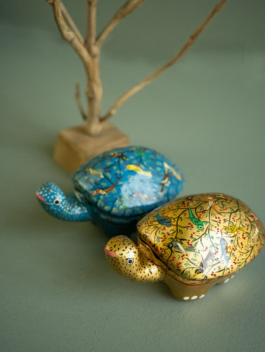 Handcrafted Kashmiri Art Tortoise Decorative Utility Boxes - Birds Assemblage (Set of Two)