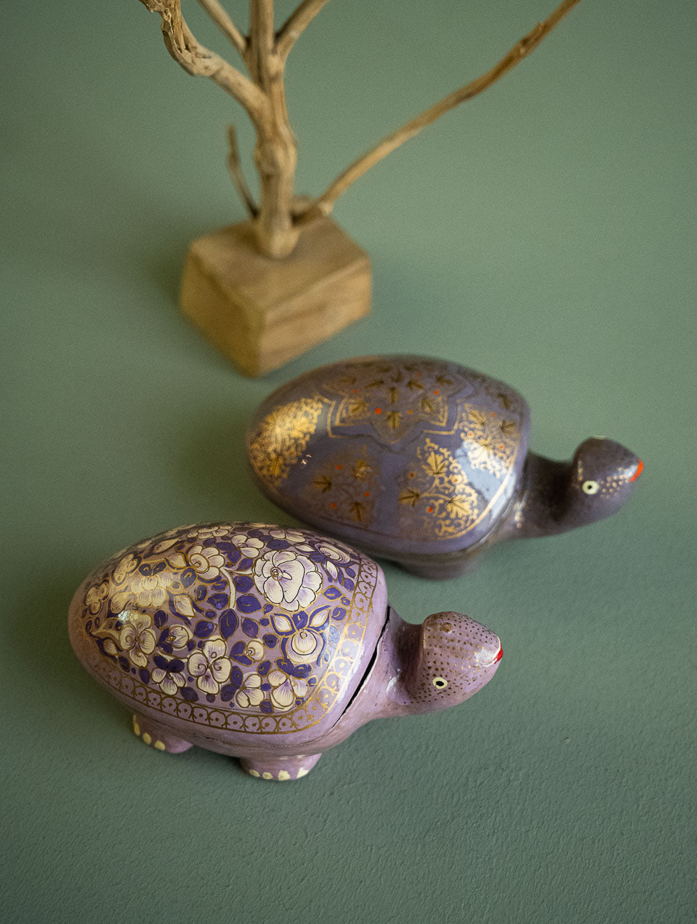 Load image into Gallery viewer, Handcrafted Kashmiri Art Tortoise Decorative Utility Boxes - Mauve Flora (Set of Two)