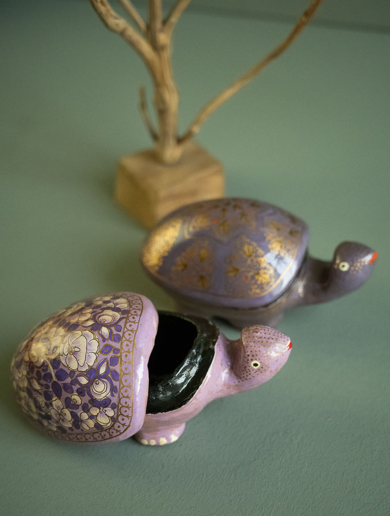 Handcrafted Kashmiri Art Tortoise Decorative Utility Boxes - Mauve Flora (Set of Two)