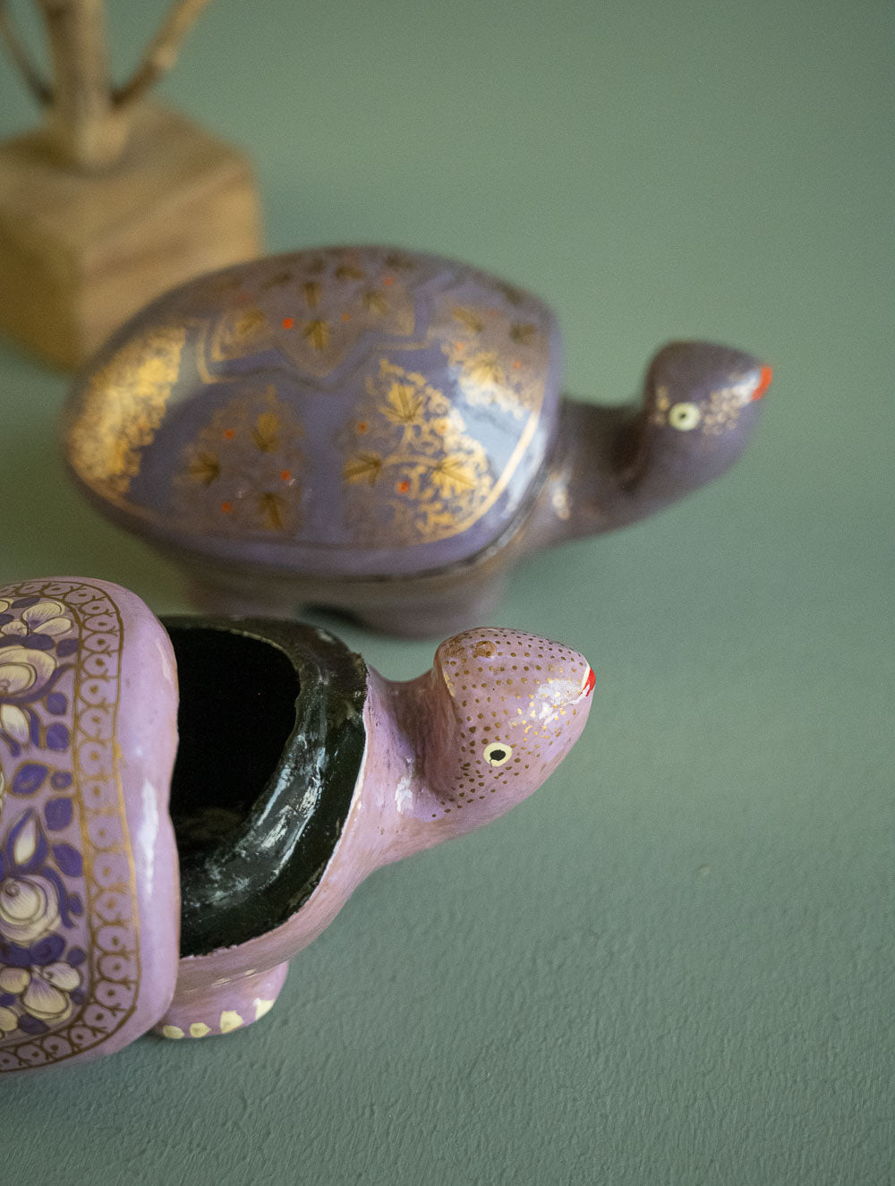 Load image into Gallery viewer, Handcrafted Kashmiri Art Tortoise Decorative Utility Boxes - Mauve Flora (Set of Two)