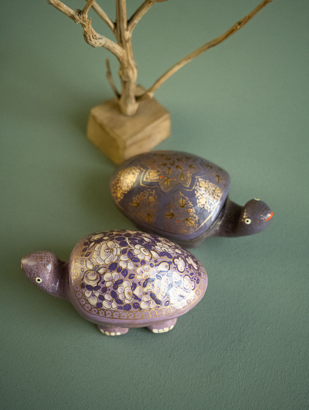 Load image into Gallery viewer, Handcrafted Kashmiri Art Tortoise Decorative Utility Boxes - Mauve Flora (Set of Two)