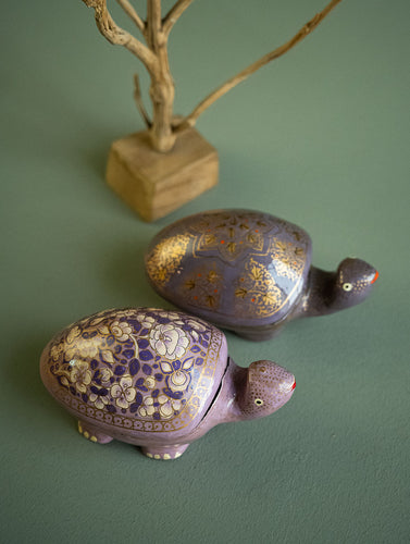 Handcrafted Kashmiri Art Tortoise Decorative Utility Boxes - Mauve Flora (Set of Two)