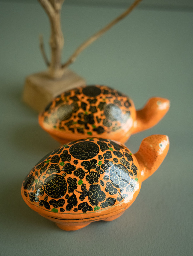 Handcrafted Kashmiri Art Tortoise Decorative Utility Boxes - Saffron Florals (Set of Two)