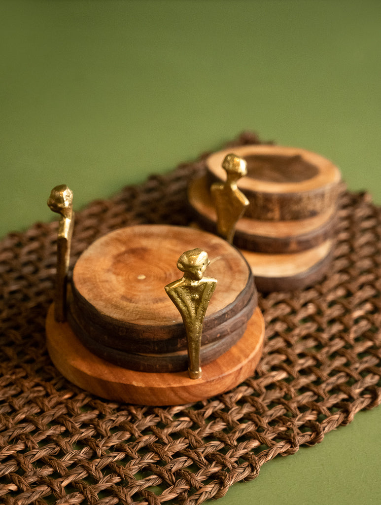 Handcrafted Wood & Dhokra Coaster Set (Set of 6)